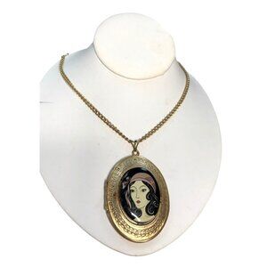 Vintage Art Deco Gold-Tone Oval Locket Necklace With Painted Lady Portrait